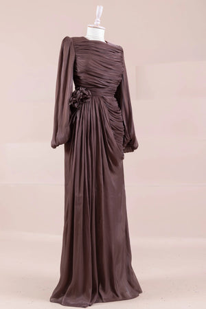 Çiçekli Lotus Tesettür Abiye - FioraofDress - tesettur - abiye - Mocha - 38 - hijab - evening - dress
