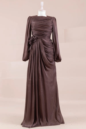 Çiçekli Lotus Tesettür Abiye - FioraofDress - tesettur - abiye - Mocha - 38 - hijab - evening - dress