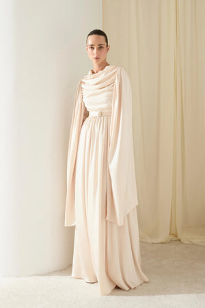 Evelyn Kol Pelerinli Saten Tesettür Elbise - FioraofDress - tesettur - abiye - BEJ - 36 - hijab - evening - dress