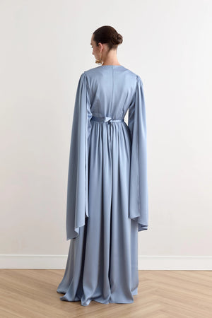 Evelyn Kol Pelerinli Saten Tesettür Elbise - FioraofDress - tesettur - abiye - Mavii - 36 - hijab - evening - dress