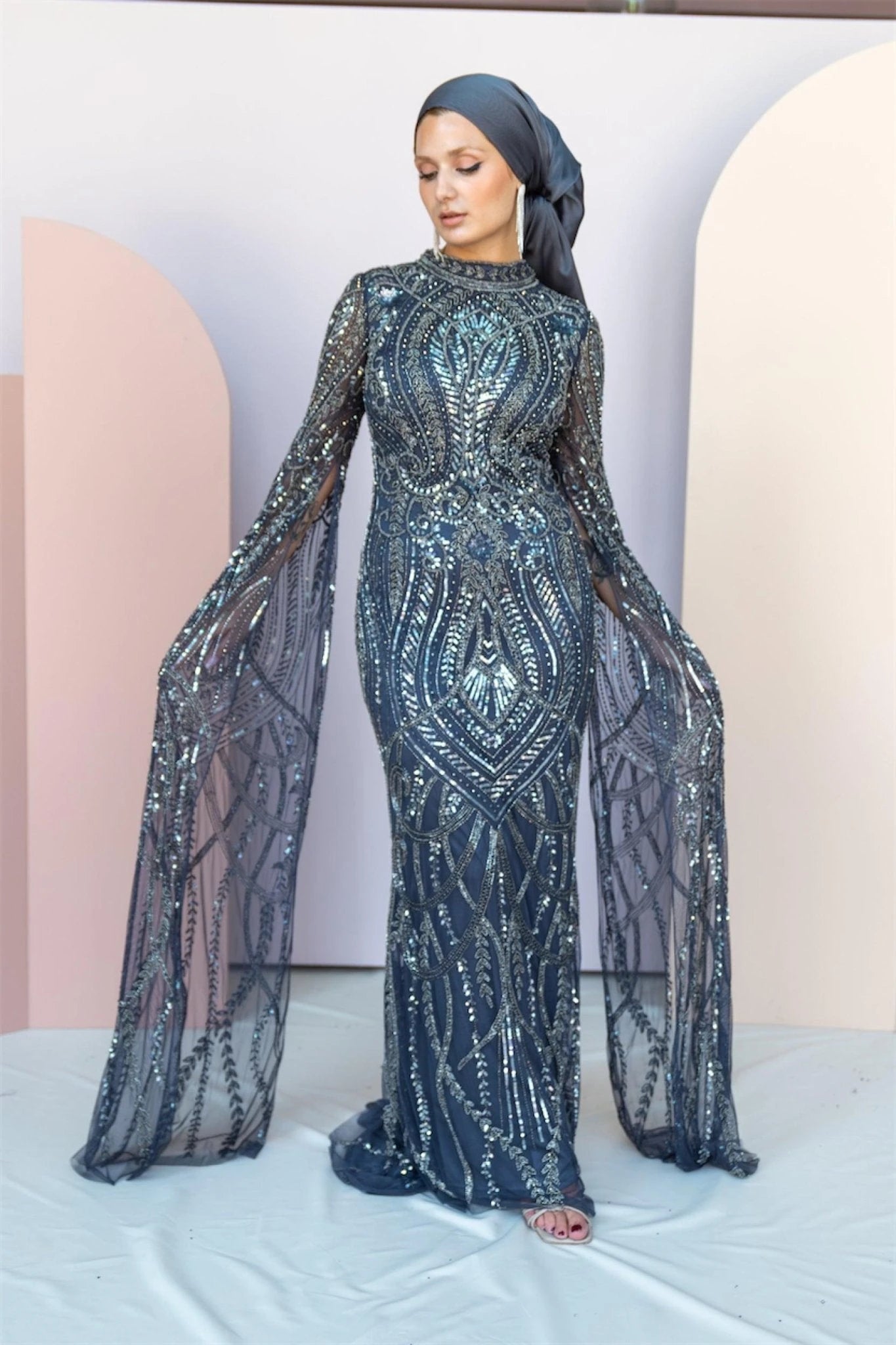 Handmade Embroidered AH1022 - FioraofDress - tesettur - abiye - 48 - antrasitt - hijab - evening - dress