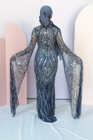 Handmade Embroidered AH1022 - FioraofDress - tesettur - abiye - 48 - antrasitt - hijab - evening - dress