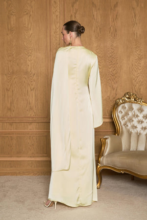 İsalle Bel Pileli Broşlu Tesettür Elbise - FioraofDress - tesettur - abiye - Sarı - 36 - hijab - evening - dress