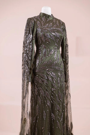 Kol Pelerin Tesettür Abiye - FioraofDress - tesettur - abiye - Yağ Yeşili - 38 - hijab - evening - dress