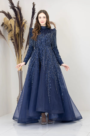 Omuzları V Drape Asel Tesettür Abiye - FioraofDress - tesettur - abiye - lacivert - 38 - hijab - evening - dress