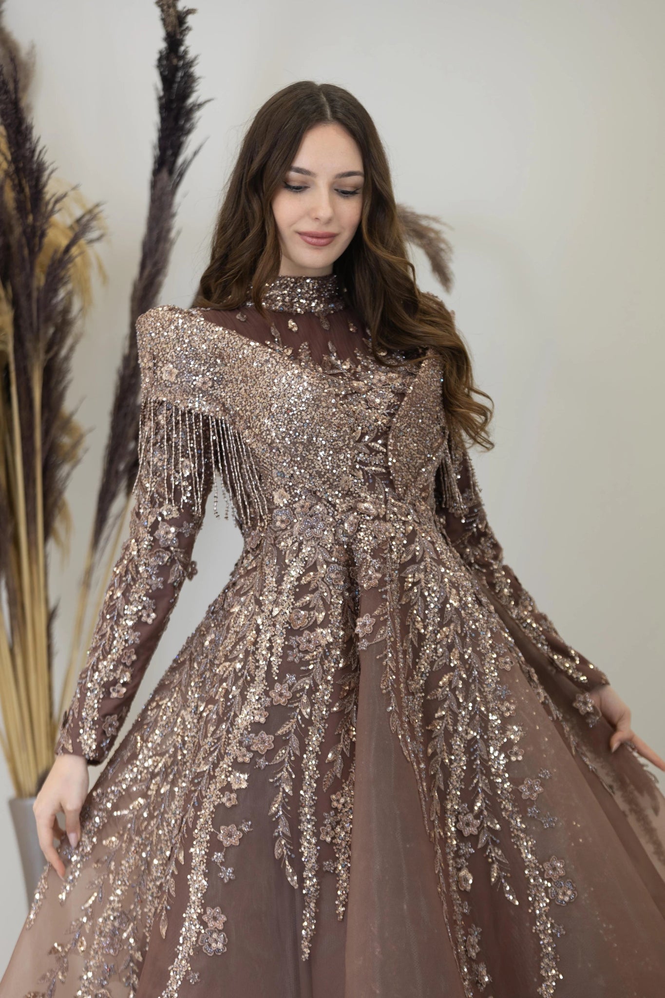 Omuzları V Drape Asel Tesettür Abiye - FioraofDress - tesettur - abiye - Bakır - 38 - hijab - evening - dress