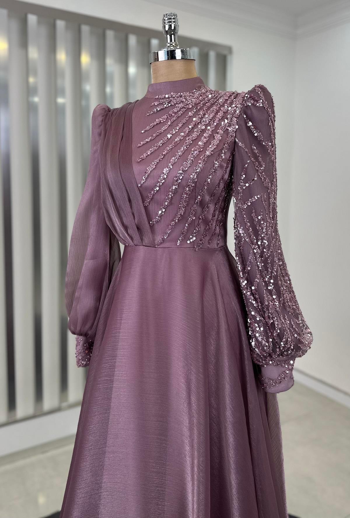 Organze Boncuklu Dantel İşlemeli Güneş Tesettür Abiye Gül Kurusu - FioraofDress - tesettur - abiye - 44 - hijab - evening - dress