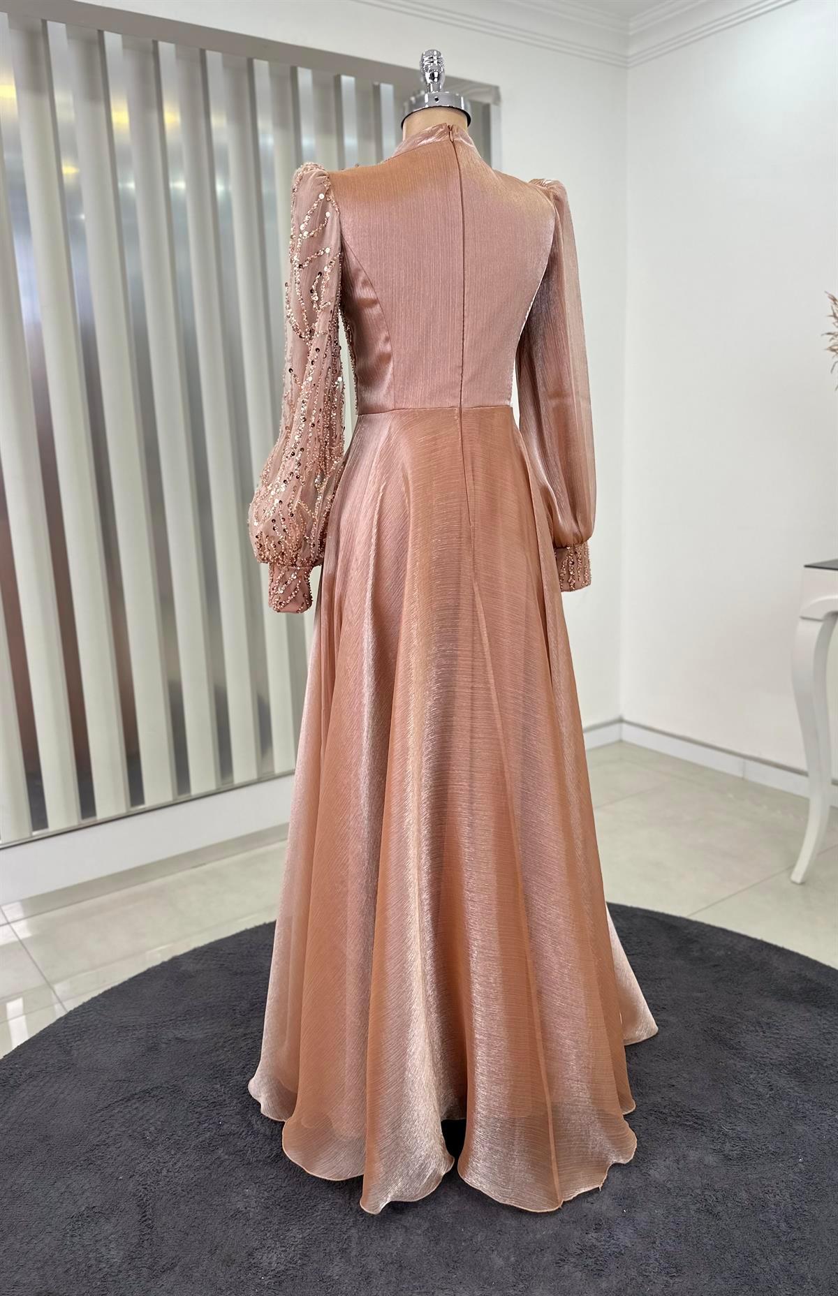 Organze Boncuklu Dantel İşlemeli Güneş Tesettür Abiye Rose - FioraofDress - tesettur - abiye - 44 - hijab - evening - dress