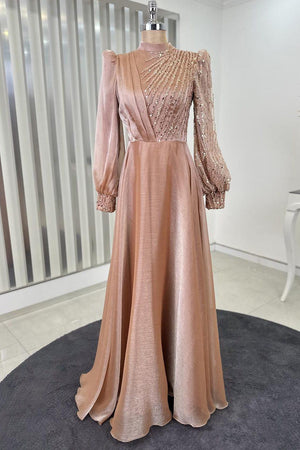 Organze Boncuklu Dantel İşlemeli Güneş Tesettür Abiye Rose - FioraofDress - tesettur - abiye - 44 - hijab - evening - dress