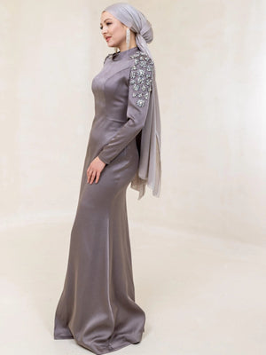 Papatya Omuz Tesettür Elbise - FioraofDress - tesettur - abiye - 44 - Morr - hijab - evening - dress