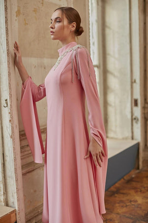 Pembe Pelerin Kol Tesettür Elbise - FioraofDress - tesettur - abiye - 44 - hijab - evening - dress