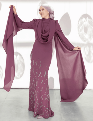 Şallı Degaje Yaka Tesettür Abiye - FioraofDress - tesettur - abiye - 44 - Mürdüm - hijab - evening - dress