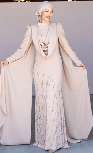 Şallı Degaje Yaka Tesettür Abiye - FioraofDress - tesettur - abiye - 44 - bejj - hijab - evening - dress