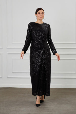 Siyah Payetli Büzgü Detay Tesettür Elbise - FioraofDress - tesettur - abiye - 44 - hijab - evening - dress
