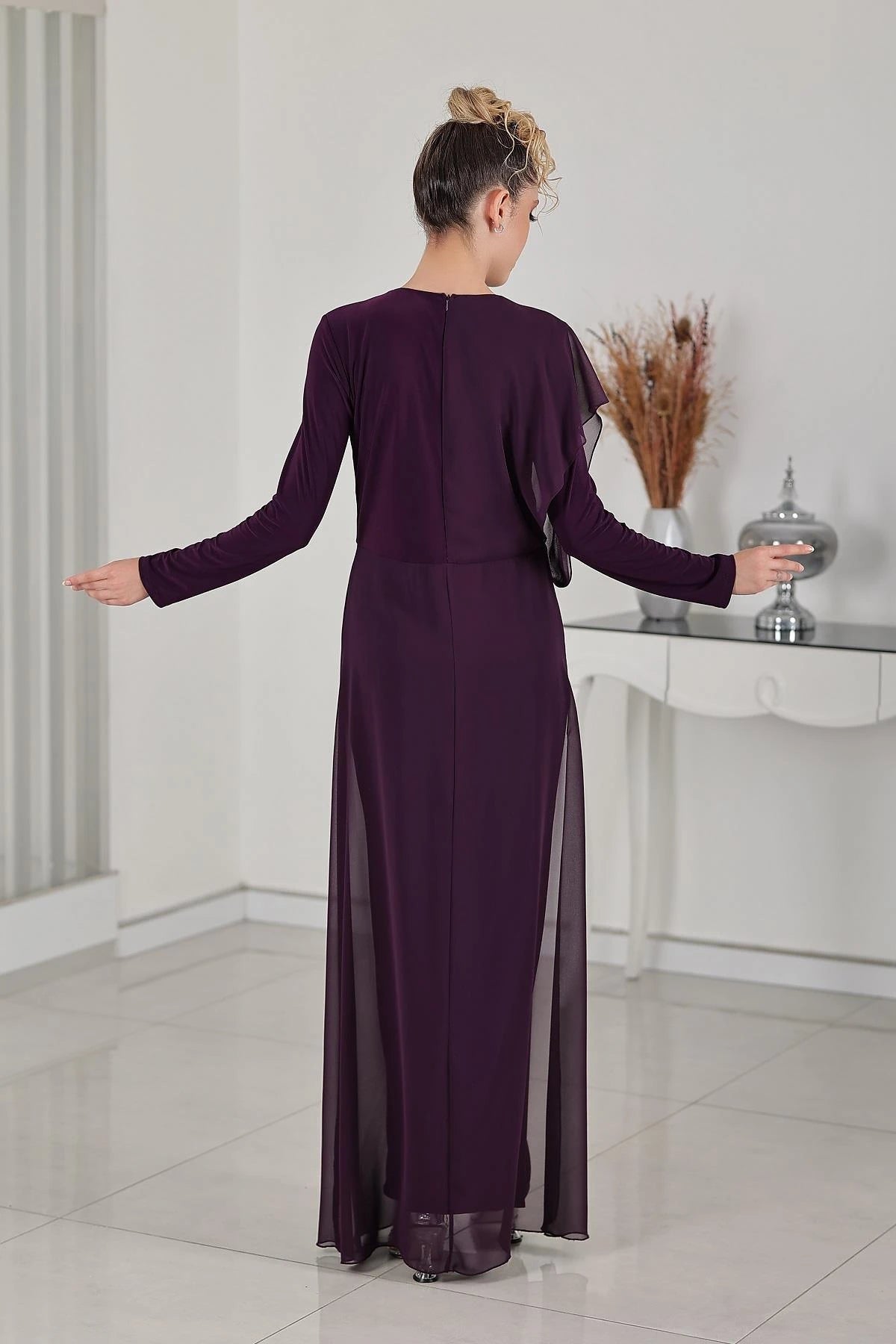 Taş Detay Şifon Zeren Tesettür Tulum Mürdüm - FioraofDress - tesettur - abiye - 48 - hijab - evening - dress