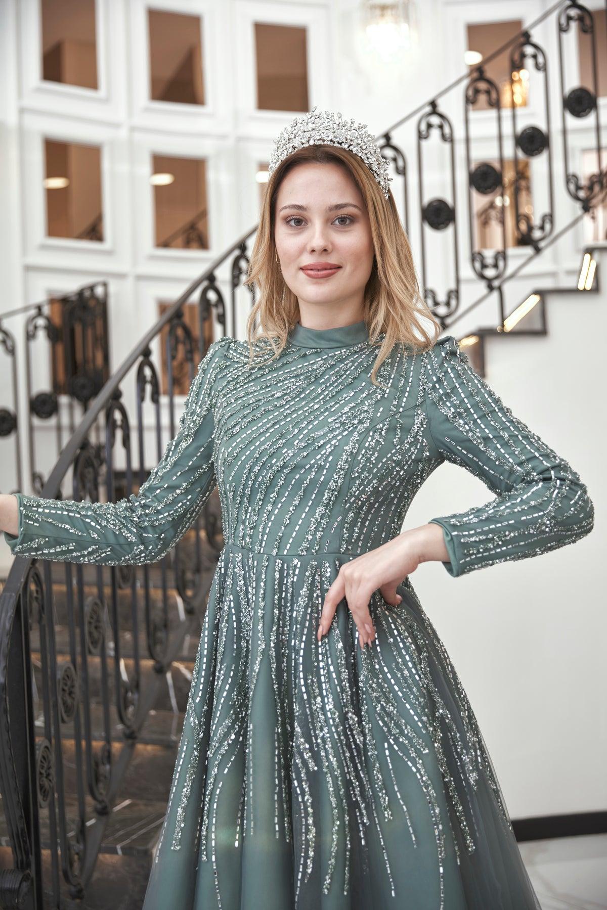 Anna Midi Taşlı Tesettür Abiye Mint - FioraofDress - tesettur - abiye - 44 - hijab - evening - dress