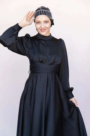 Çarpraz Saten Tesettür Abiye - FioraofDress - tesettur - abiye - 38 - SİYAH - hijab - evening - dress