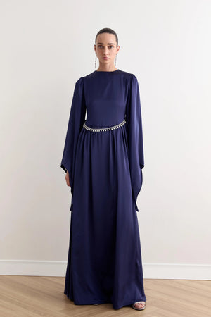 Cavin Bel Büzgülü Zincirli Saten Tesettür Abiye - FioraofDress - tesettur - abiye - LACİVERT - 36 - hijab - evening - dress