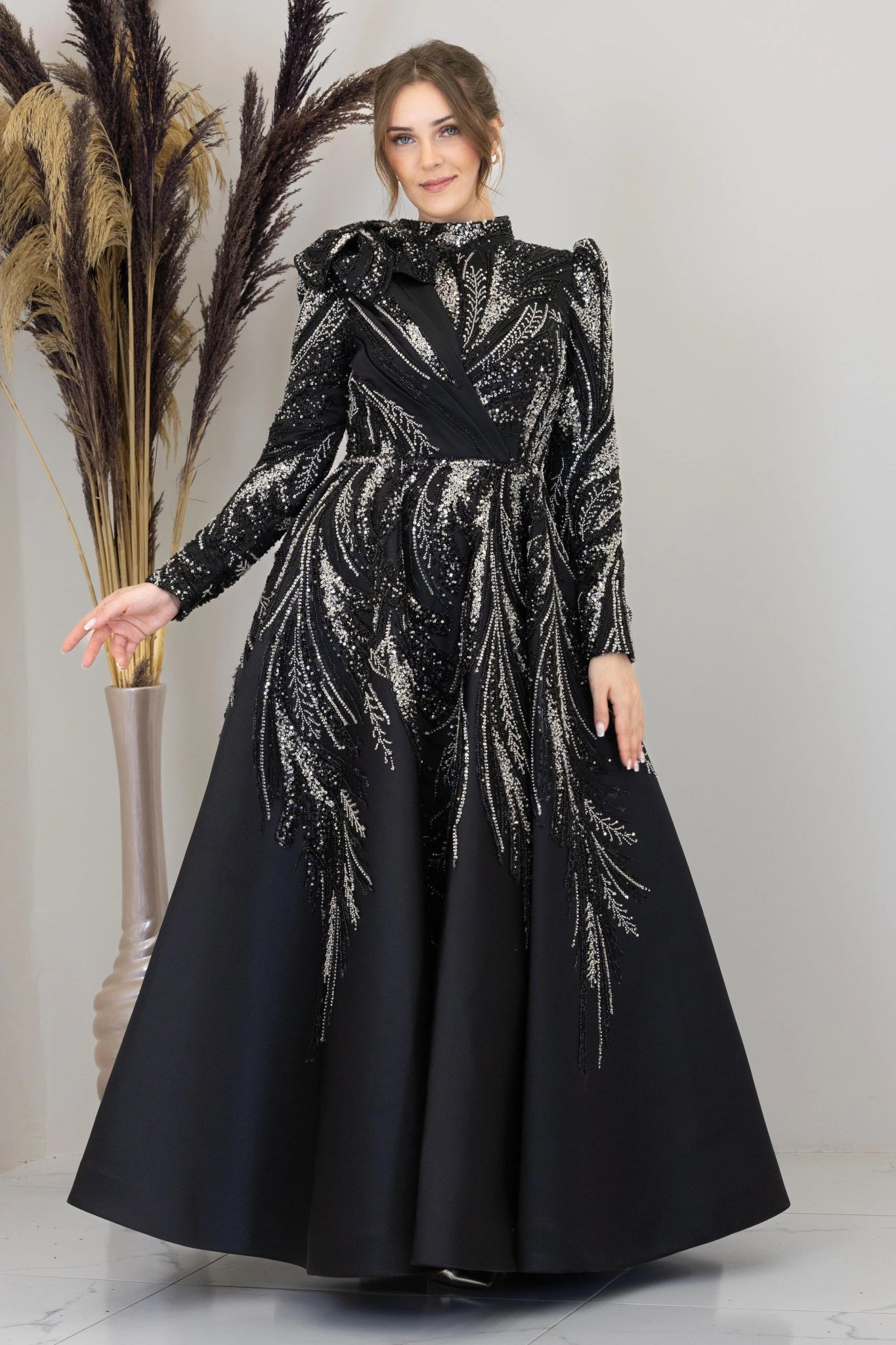 Çiçek Detaylı Larin Tesettür Abiye - FioraofDress - tesettur - abiye - Siyahh - 38 - hijab - evening - dress