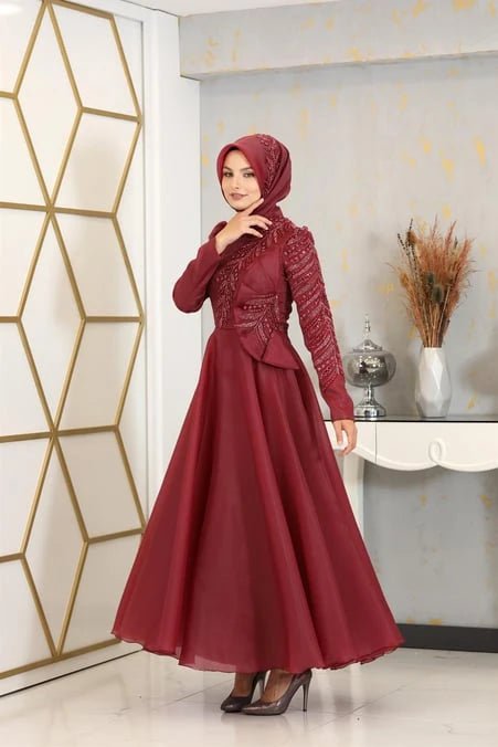 Flower Abiye - FioraofDress - tesettur - abiye - 38 - BORDO - hijab - evening - dress