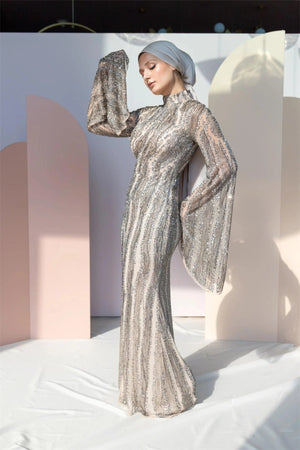 Handmade Embroidered AH1005 - FioraofDress - tesettur - abiye - 48 - GOLD - hijab - evening - dress