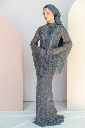 Handmade Embroidered AH1011 - FioraofDress - tesettur - abiye - 48 - gri - hijab - evening - dress