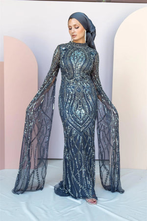 Handmade Embroidered AH1022 - FioraofDress - tesettur - abiye - 48 - antrasitt - hijab - evening - dress