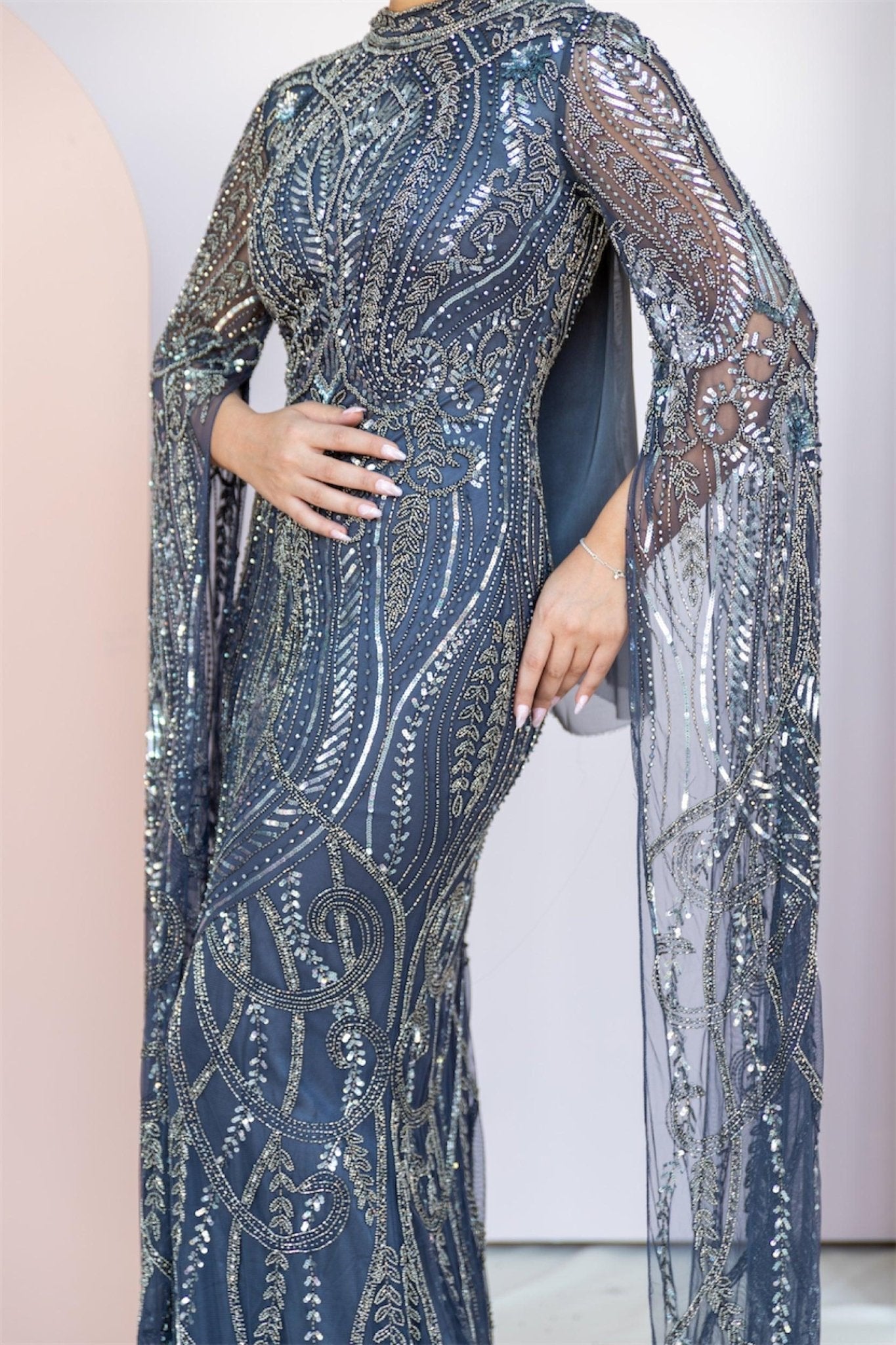 Handmade Embroidered AH1022 - FioraofDress - tesettur - abiye - 48 - antrasitt - hijab - evening - dress