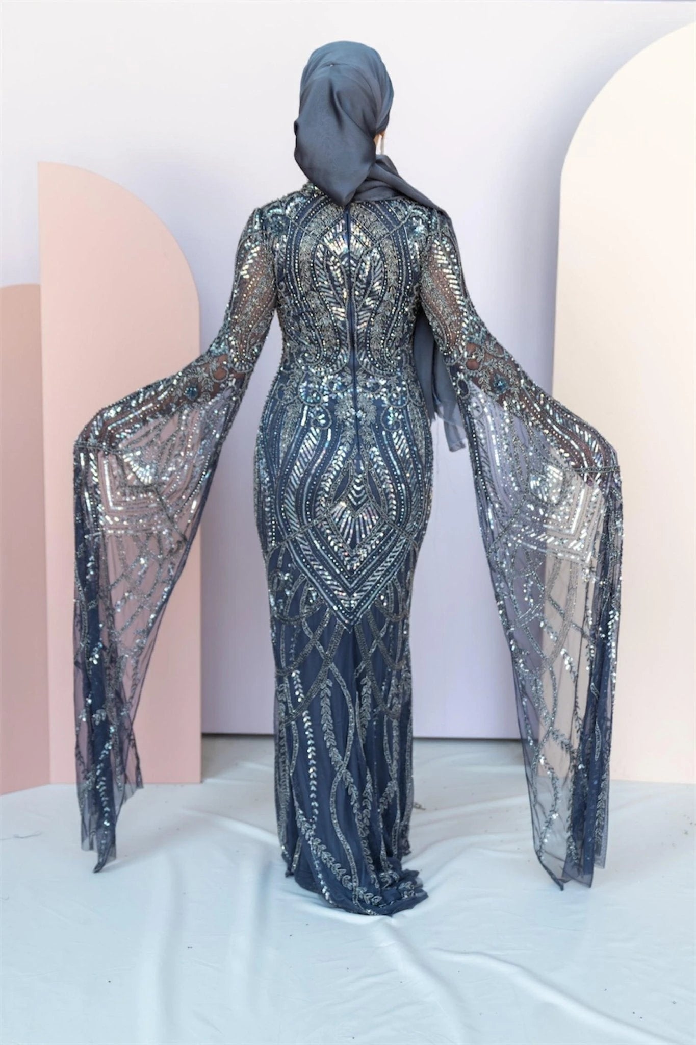 Handmade Embroidered AH1022 - FioraofDress - tesettur - abiye - 48 - antrasitt - hijab - evening - dress