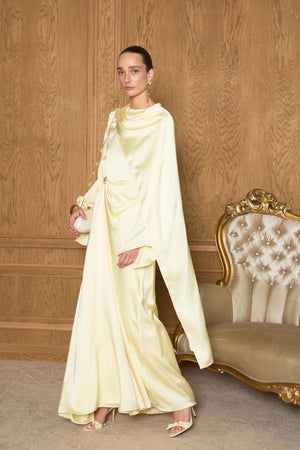 İsalle Bel Pileli Broşlu Tesettür Elbise - FioraofDress - tesettur - abiye - Sarı - 36 - hijab - evening - dress