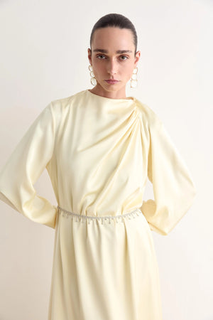 Juan Pileli Kemerli Saten Tesettür Elbise - FioraofDress - tesettur - abiye - Sarı - 36 - hijab - evening - dress