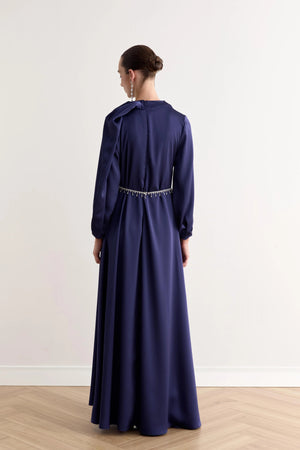 Juan Pileli Kemerli Saten Tesettür Elbise - FioraofDress - tesettur - abiye - lacivert - 36 - hijab - evening - dress