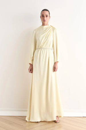 Juan Pileli Kemerli Saten Tesettür Elbise - FioraofDress - tesettur - abiye - Sarı - 36 - hijab - evening - dress