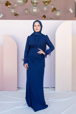 Kolları Tüylü Drapeli Tesettür Abiye - FioraofDress - tesettur - abiye - 46 - lacivert - hijab - evening - dress