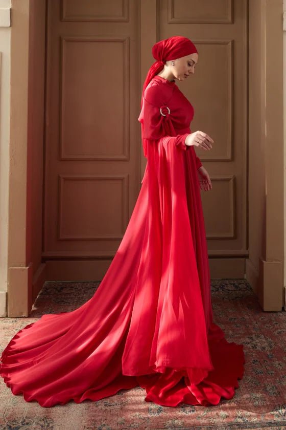 Melisa Taşlı Tesettür Abiye - FioraofDress - tesettur - abiye - 36 - Açık Kırmızı - hijab - evening - dress