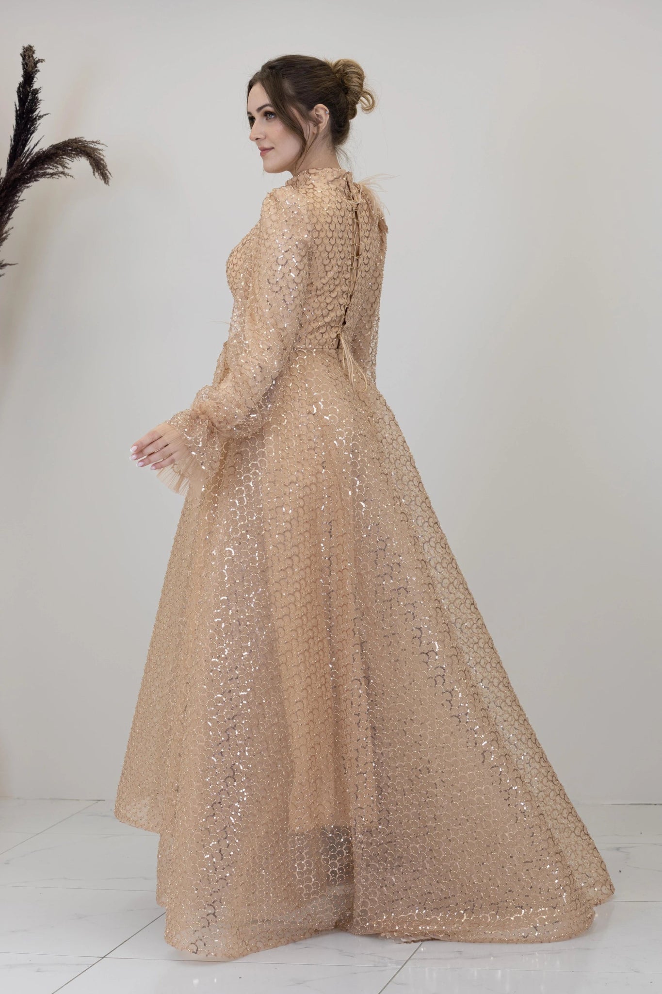 Omuz Ve Beli Çiçek Detaylı Adel Tesettür Abiye - FioraofDress - tesettur - abiye - GOLD - 38 - hijab - evening - dress