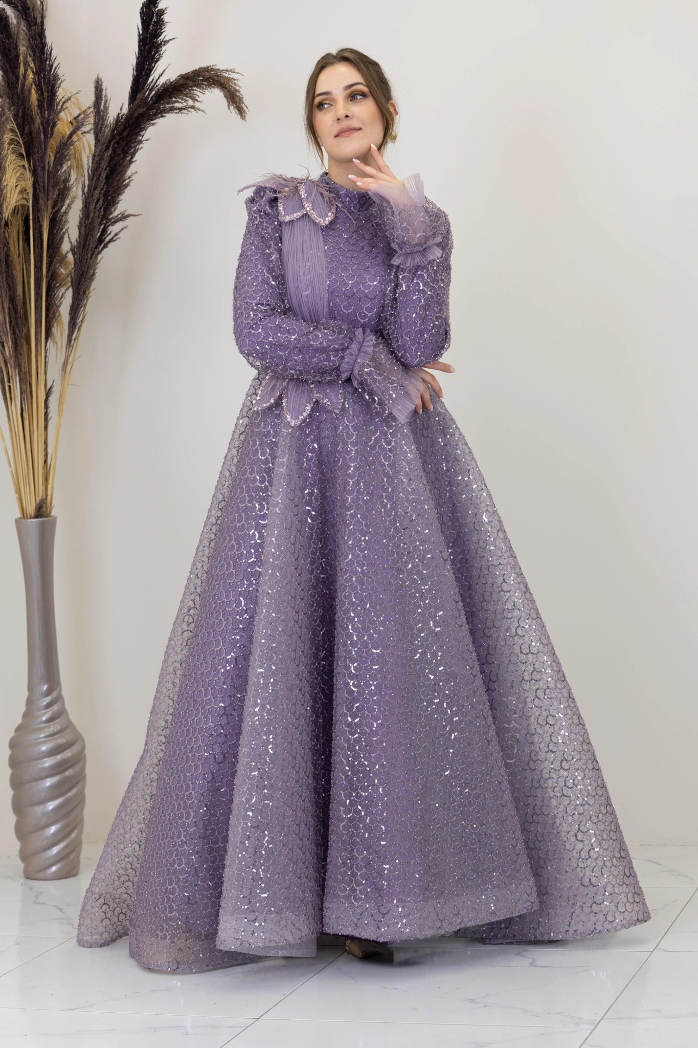 Omuz Ve Beli Çiçek Detaylı Adel Tesettür Abiye - FioraofDress - tesettur - abiye - LİLAA - 38 - hijab - evening - dress