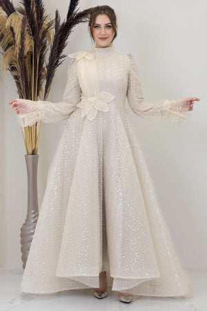 Omuz Ve Beli Çiçek Detaylı Adel Tesettür Abiye - FioraofDress - tesettur - abiye - bejj - 38 - hijab - evening - dress