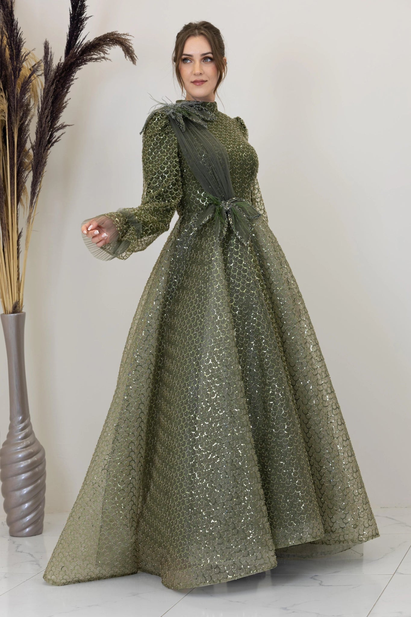 Omuz Ve Beli Çiçek Detaylı Adel Tesettür Abiye - FioraofDress - tesettur - abiye - haki - 38 - hijab - evening - dress