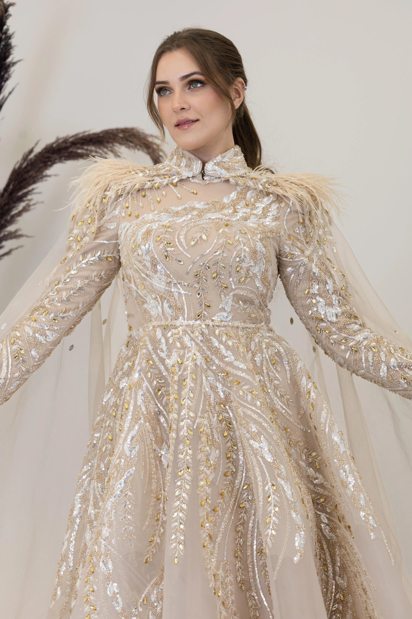 Önü Aplik İşleme Pelerinli Kayra Tesettür Abiye - FioraofDress - tesettur - abiye - GOLD - 38 - hijab - evening - dress