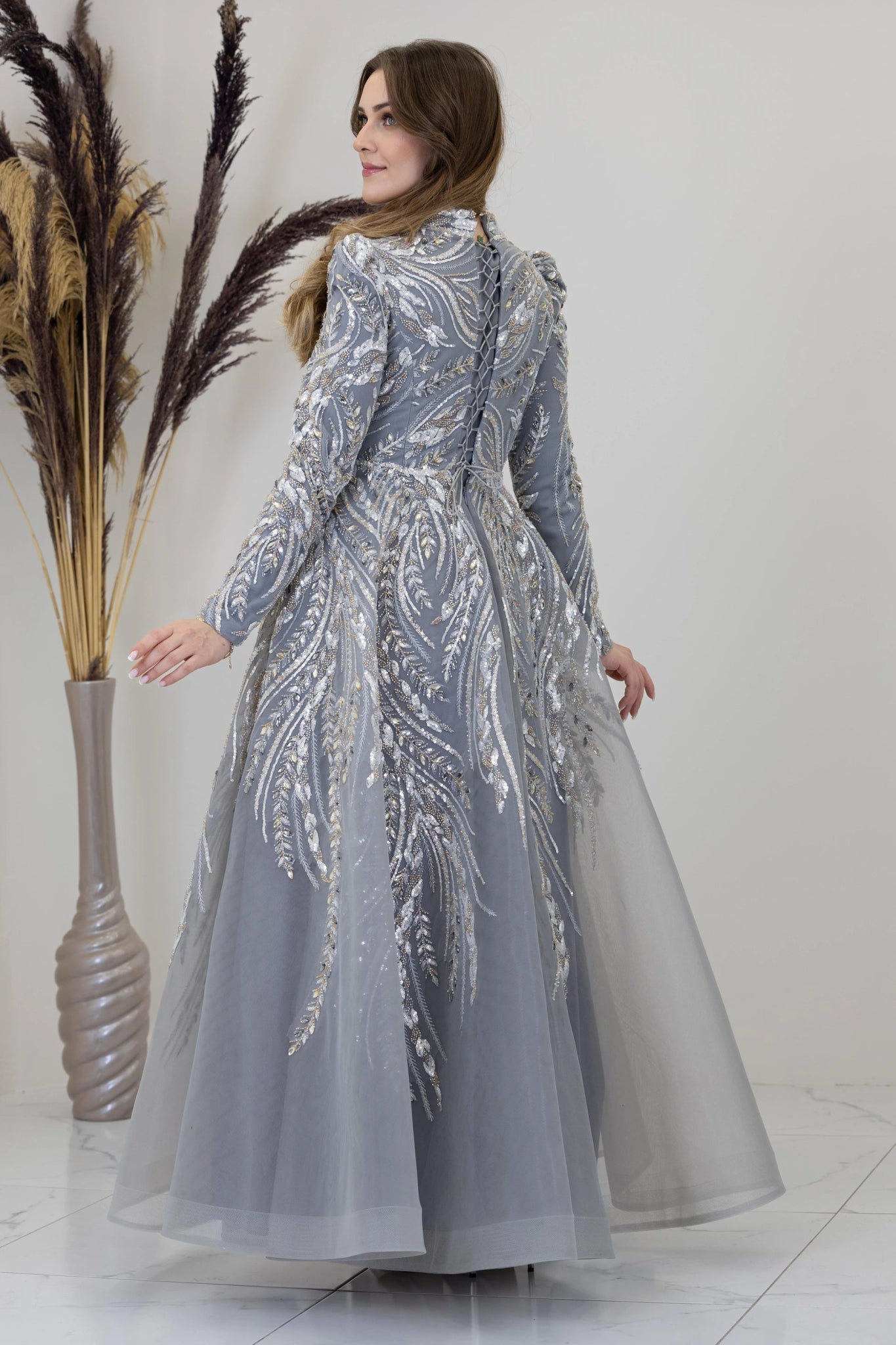 Önü Aplik İşleme Pelerinli Kayra Tesettür Abiye - FioraofDress - tesettur - abiye - GRİ - 38 - hijab - evening - dress