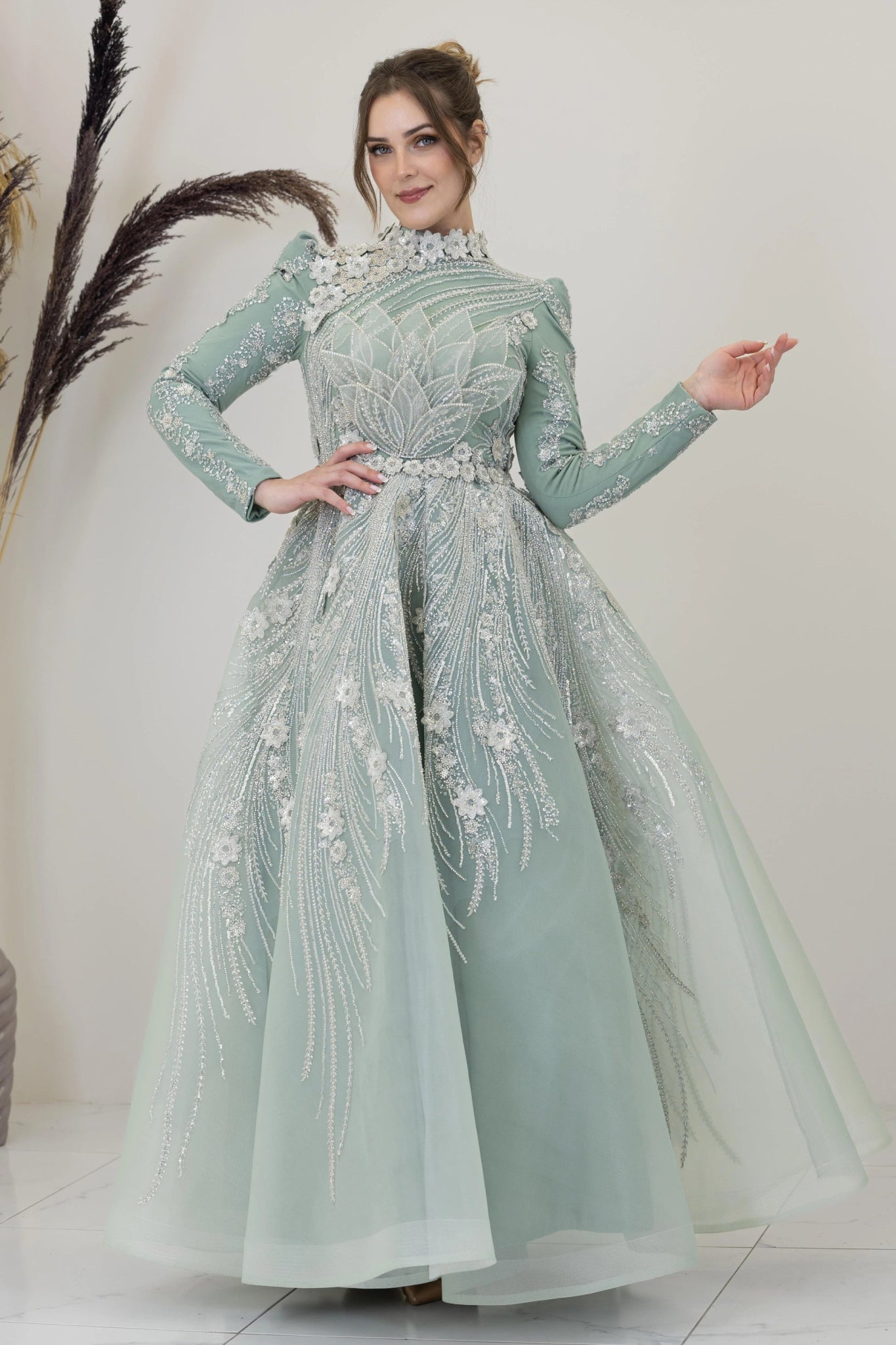 Önü Çiçek İşlemeli Lotus Tesettür Abiye - FioraofDress - tesettur - abiye - Çağla - 38 - hijab - evening - dress