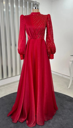 Organze Boncuklu Dantel İşlemeli Güneş Tesettür Abiye Kırmızı - FioraofDress - tesettur - abiye - 44 - hijab - evening - dress