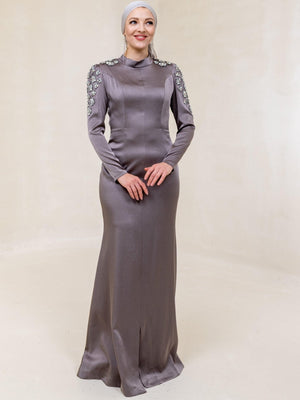 Papatya Omuz Tesettür Elbise - FioraofDress - tesettur - abiye - 44 - Morr - hijab - evening - dress