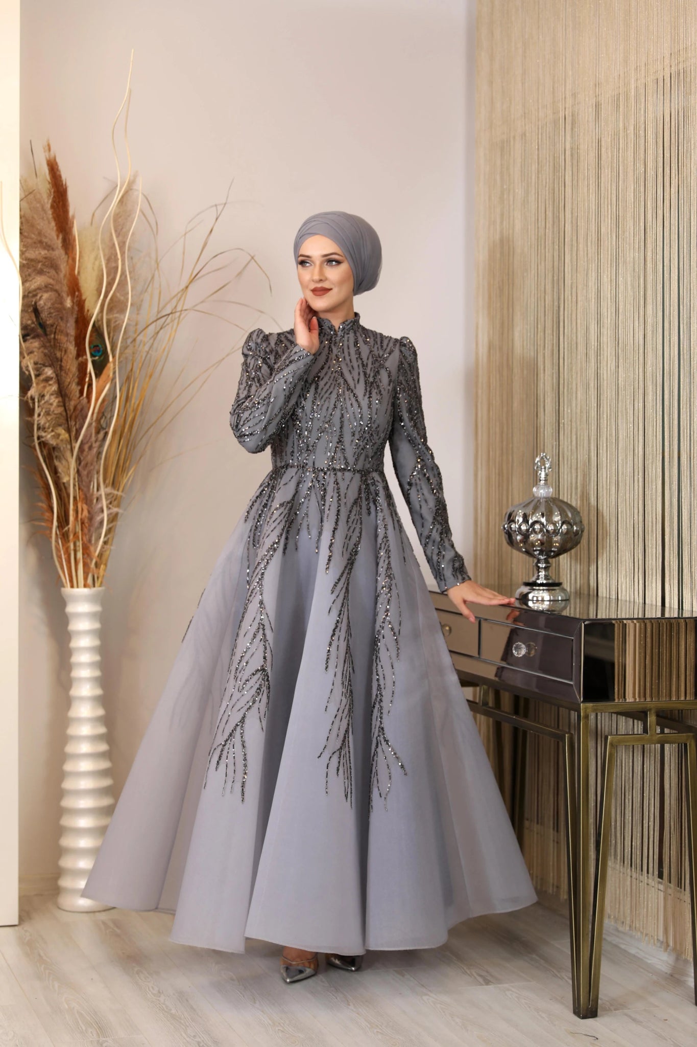 Prenses Tesettür Abiye - FioraofDress - tesettur - abiye - gri - 38 - hijab - evening - dress