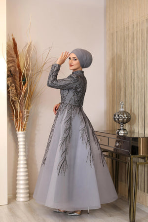 Prenses Tesettür Abiye - FioraofDress - tesettur - abiye - gri - 38 - hijab - evening - dress