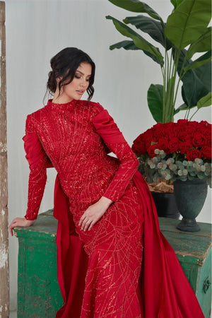 Sahra Tesettür Abiye Tesettür - Kırmızı - FioraofDress - tesettur - abiye - 46 - hijab - evening - dress