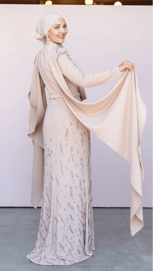 Şallı Degaje Yaka Tesettür Abiye - FioraofDress - tesettur - abiye - 44 - bejj - hijab - evening - dress