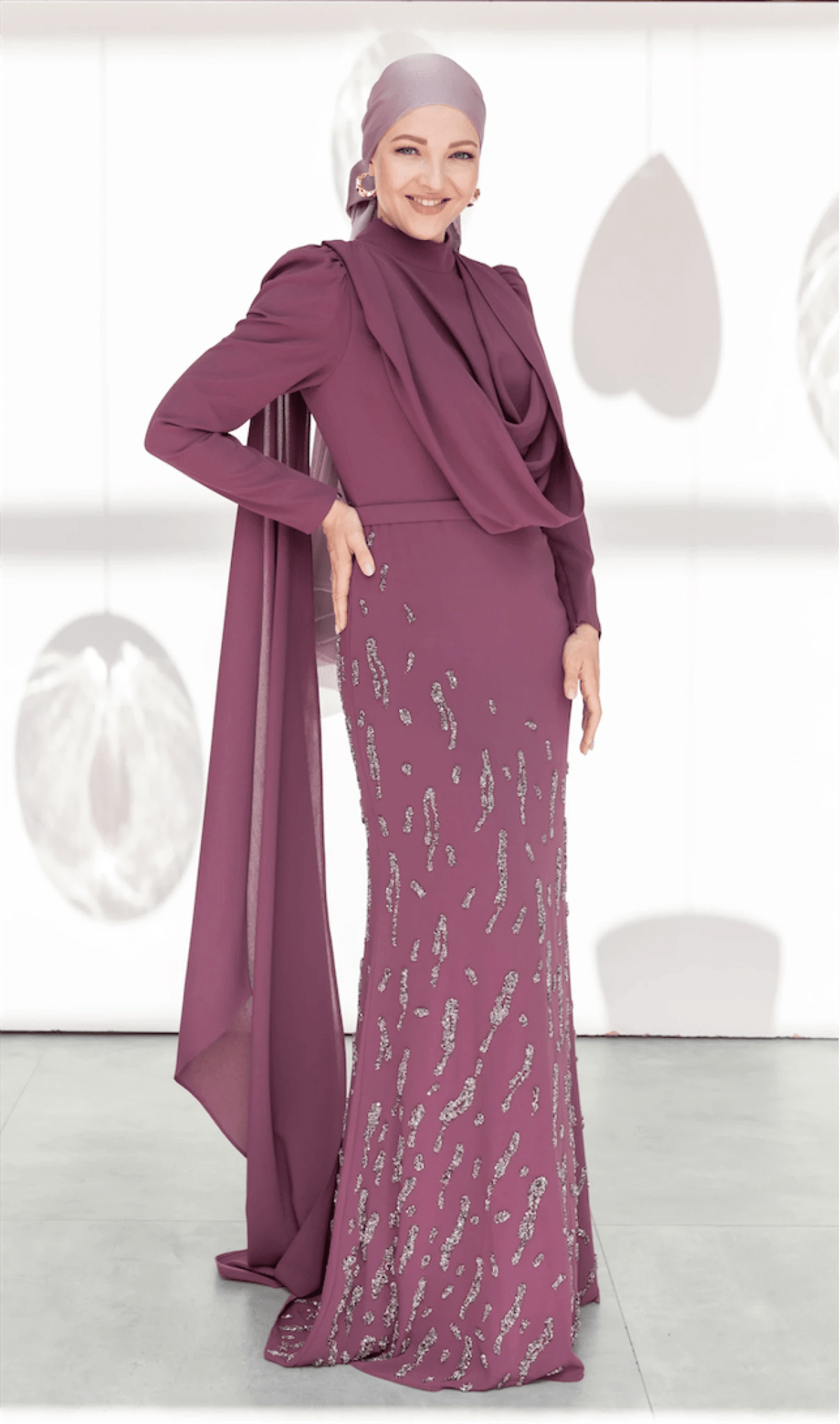 Şallı Degaje Yaka Tesettür Abiye - FioraofDress - tesettur - abiye - 44 - Mürdüm - hijab - evening - dress