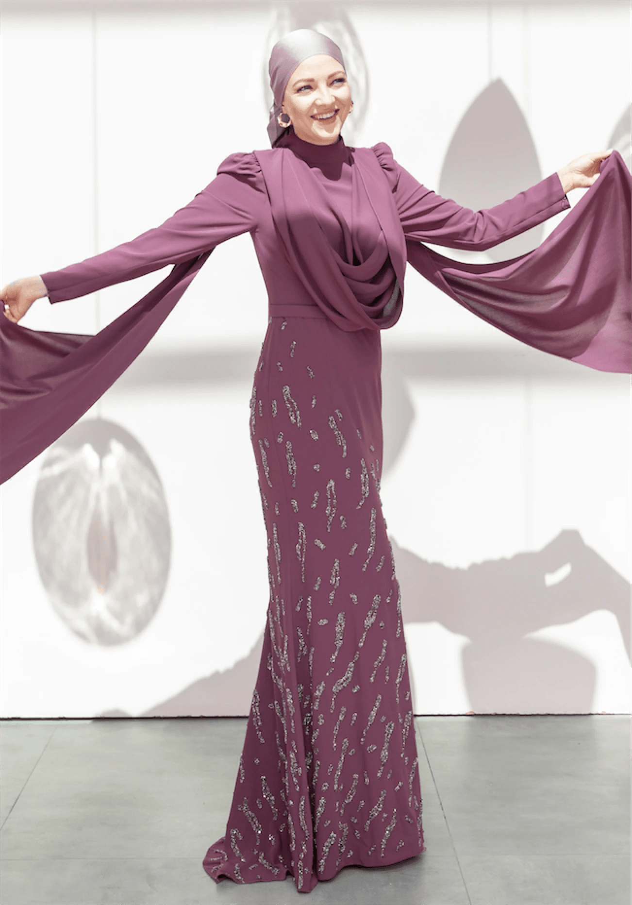 Şallı Degaje Yaka Tesettür Abiye - FioraofDress - tesettur - abiye - 44 - Mürdüm - hijab - evening - dress